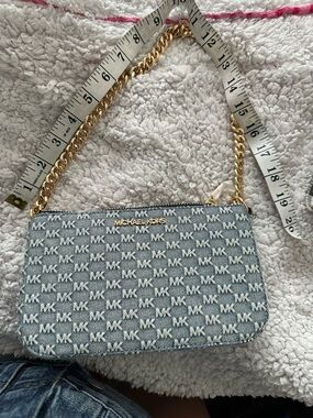 Denim Crossbody Bag with Gold Chain Strap - Blue